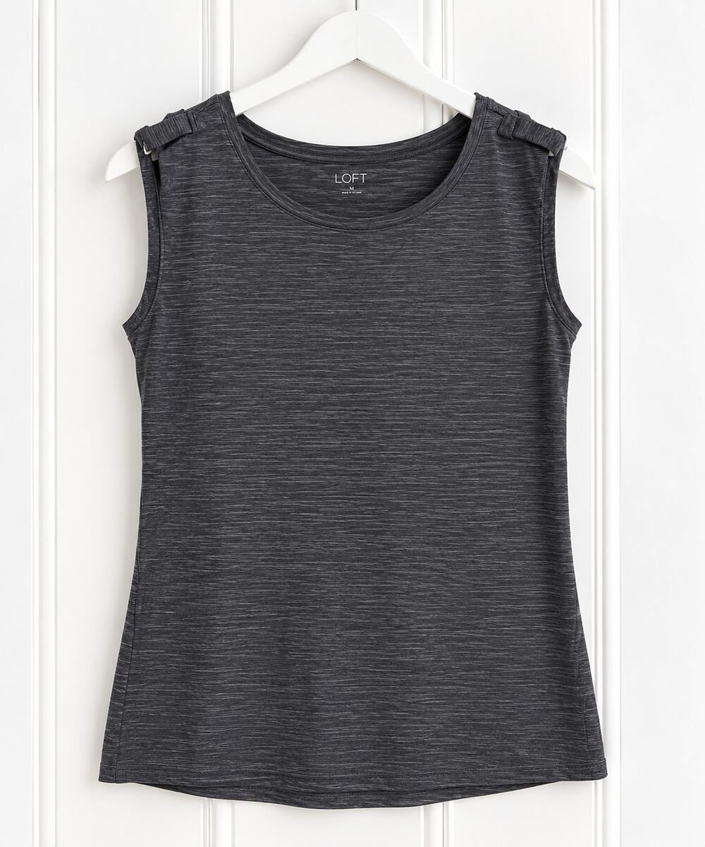LOFT Top Womens M Charcoal Gray Sleeveless Button Shoulder Heathered Stretch